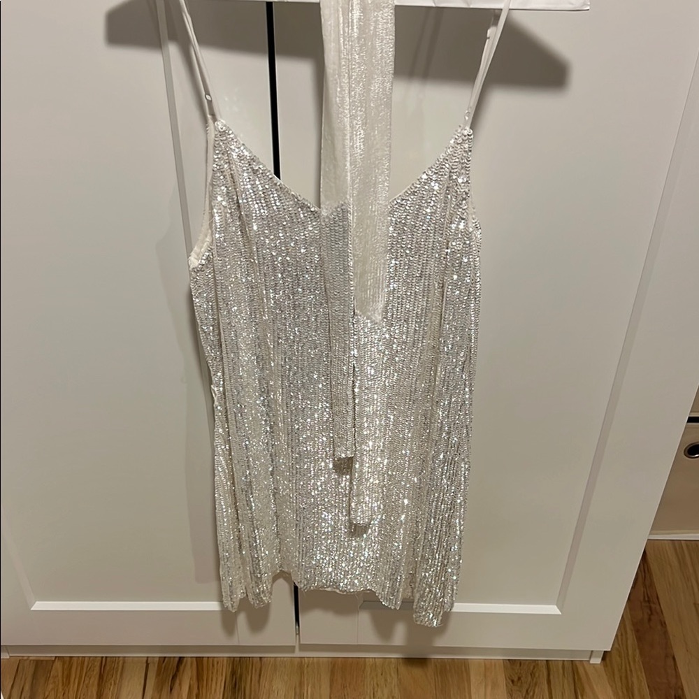 Retrofete Silver Sequin Spaghetti Strap Dress